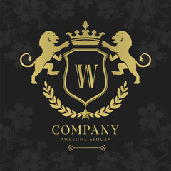 Royal Crest Lion Shield Logo with Crown and Laurel Luxury Monogram Emblem