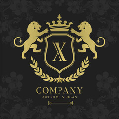 Royal Crest Lion Shield Logo with Crown and Laurel Luxury Monogram Emblem