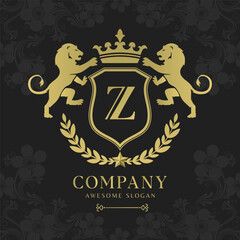 Royal Crest Lion Shield Logo with Crown and Laurel Luxury Monogram Emblem