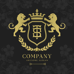 Royal Crest Lion Shield Logo with Crown and Laurel Luxury Monogram Emblem