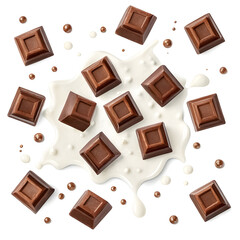 Watercolor chocolate chunks and milk drops, playfully scattered