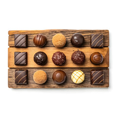 Watercolor rustic wooden board with chocolate treats, top view