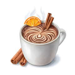 Watercolor cocoa drink with cinnamon sticks and orange peel