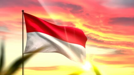 Fluttering Indonesia flag on beautiful colorful sunset or sunrise background. 