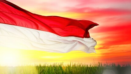 Fluttering Indonesia flag on beautiful colorful sunset or sunrise background. 