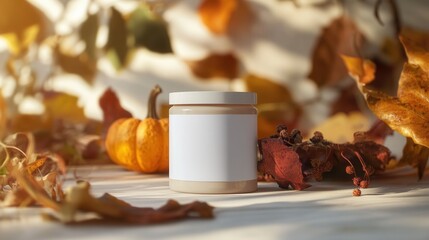 food branding mockup, blank food label with a softly blurred pumpkin spice and warm fall leaves on blur background
