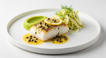 Delicious pan seared cod fillet elegantly plated with fennel salad and vibrant pea puree awaits tasting.