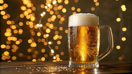 A mug of beer sits on a wooden table with bokeh lights