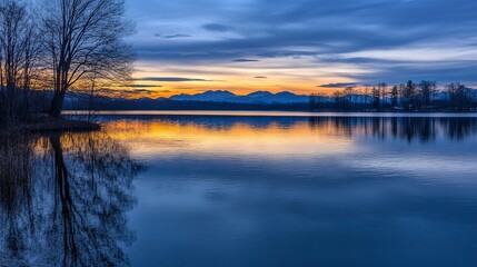 Obraz premium Serene sunset reflecting on a calm lake, mountains silhouetted against a vibrant sky, bare tree reflected in the still water