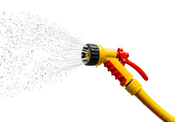 Yellow and red hose is spraying water isolated on white or transparent background. PNG