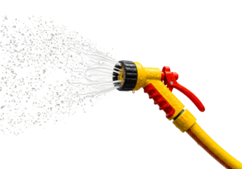 Yellow and red hose is spraying water isolated on white or transparent background. PNG