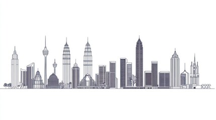 Obraz premium A detailed monochrome line drawing of a diverse cityscape against a stark white backdrop
