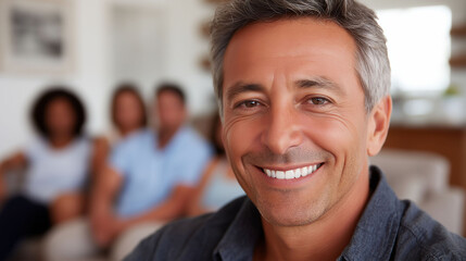A close-up portrait of an attractive middle-aged man smiling with his family in the background,