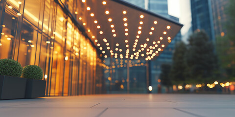 A close-up of the entrance to an elegant building with illuminated lights, showcasing modern architecture and glass walls.