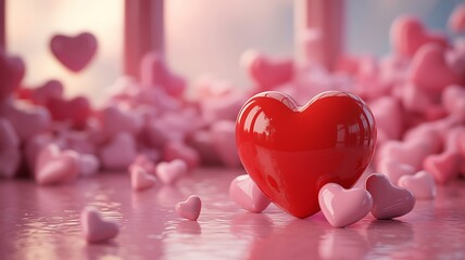 Glossy vibrant red heart surrounded by pink hearts image