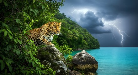 Leopard Sitting on Mossy Rock Overlooking Tropical Sea Under Stormy Skies