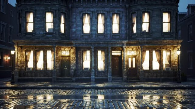 Illuminated building facade at night with wet cobblestone street reflecting light.