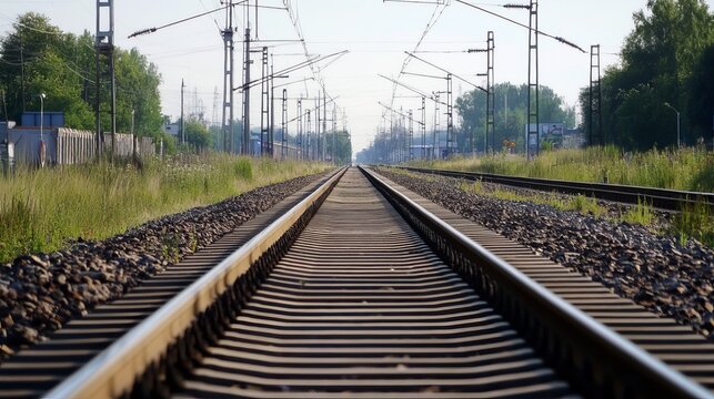 Straight railway tracks vanishing into the distance on a sunny day, flanked by vegetation and utility poles