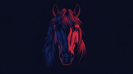 Horse head art with neon red and blue light on a dark background, detailed illustration