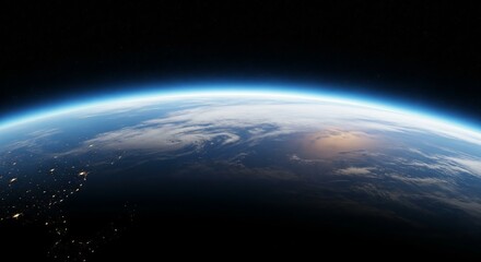 Obraz premium A hyper-realistic view of Earth with a vibrant, glowing blue line of atmospheric haze, conveying the fragility and beauty of our planet's air supply.