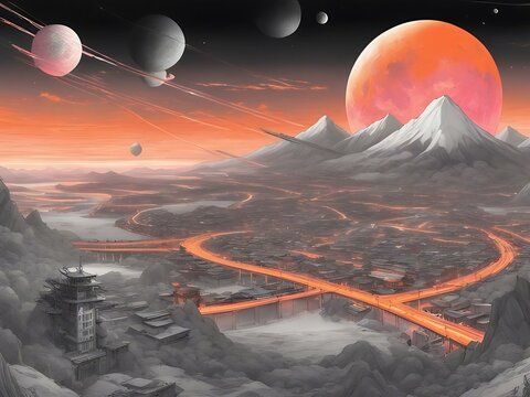 sci-fi/fantasy landscape featuring a futuristic city nestled among snow-capped mountains