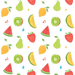 Colorful textured seamless vector pattern featuring summer fruits. Includes melon, pear, lemon, kiwi, strawberry, and watermelon