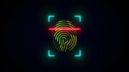 Neon finger print animation on black background. glowing fingerprint scanning icon motion. biometric scanner for identification 4k video footage. Abstract fingerprint design. - Powered by Adobe