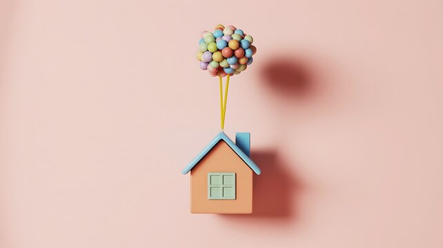 Pastel house suspended by colorful balloons whimsical - Powered by Adobe
