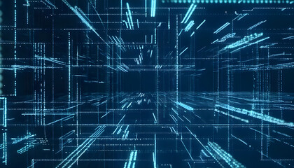 A futuristic blue grid background with glowing lines and perspective