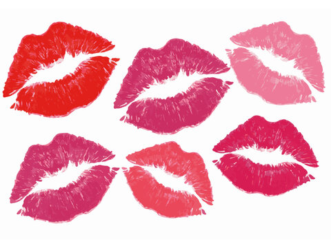 Set of colorful lipstick kiss prints in red, pink, and magenta shades on white background
