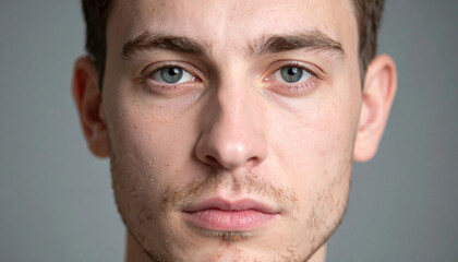 Fototapeta premium Close-up of a headshot of a man frowning against a dark background.