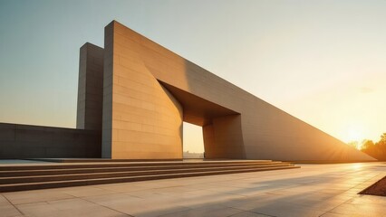 Minimalist Sandstone Gate Architecture with Geometric Shapes and Warm Sunset Light