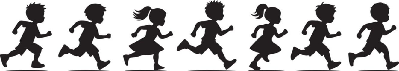 Silhouetted Children Running in Line Capturing Playfulness, Motion, Teamwork, and Joyful Energy in Minimal Style.