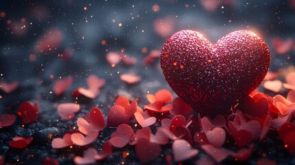 Obraz premium Sparkling Red Heart with Scattered Petals Romantic Valentine's Day Background