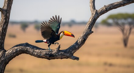 Vibrant Toucan Taking Flight From Bare Tree Branch in Sunny Savannah