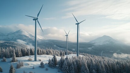 Three wind turbines stand tall amidst a snowy, mountainous landscape, showcasing clean energy in a pristine natural environment