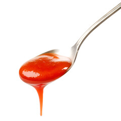 tomato or ketchup sauce flowing down from spoon isolated on transparent white background, clipping path