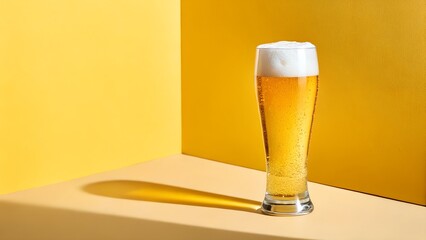 A refreshing glass of beer stands against a yellow background