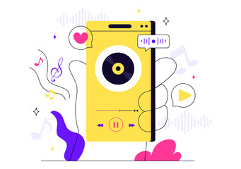 Obraz premium Viral Tunes Vector Illustration Featuring Songs that Became Popular with Sound Waves Equalizer, Voice Signal Circle, and Digital Visualization Sound