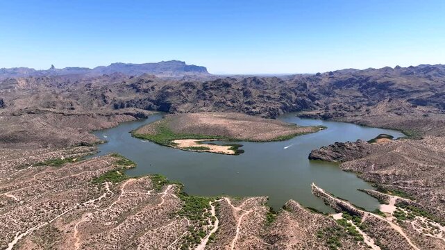 Aerial view of Saguaro Lake and mountains, United States.