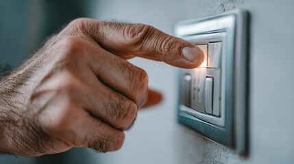 Close-up of a hand installing a smart light switch on a clean painted wall, sharp focus on device and fingers, shallow depth and crisp studio lighting.