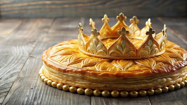 A traditional French galette des rois with a golden crown on top and flaky pastry edges