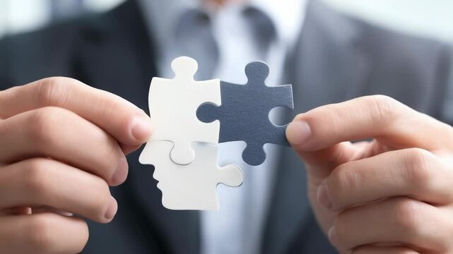 Businessman Completing Jigsaw Puzzle, Symbolizing Strategy, Partnership, and Solution