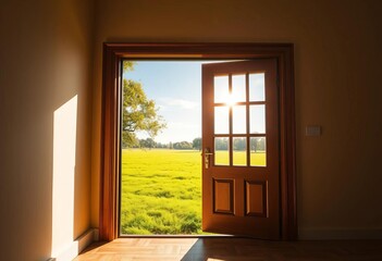 Ajar door reveals sunlit green field, trees, blue sky; nature spills indoors,  landscape,  ajar