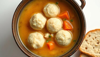 A steaming bowl of chicken matzah ball soup, featuring fluffy matzah balls, sits on a white background,  passover,  chicken soup