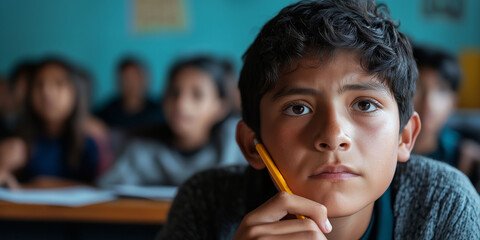 A close-up of a Hispanic boy in his classroom, holding a pencil and looking thoughtfully
