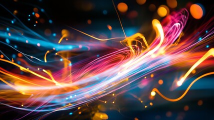 Vibrant, swirling light trails create an abstract, energetic composition with bright colors and bokeh effects on a dark background