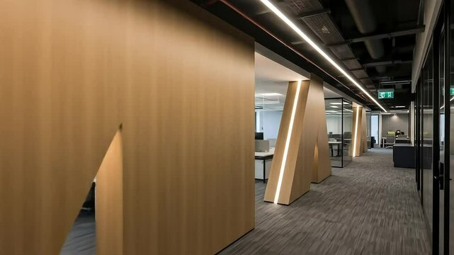 Viewing Modern Office Interior with Desks and Stylish Wooden Partitions