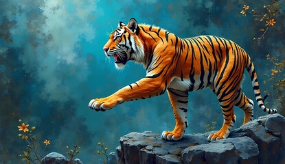 Digital illustration of a Bengal tiger in its iconic pose on a rocky hill with a blue and green gradient background. Copy space for text. AI generated.