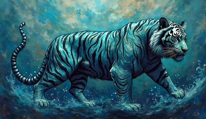Abstract blue tiger vector illustration with oil paint strokes on water. AI generated